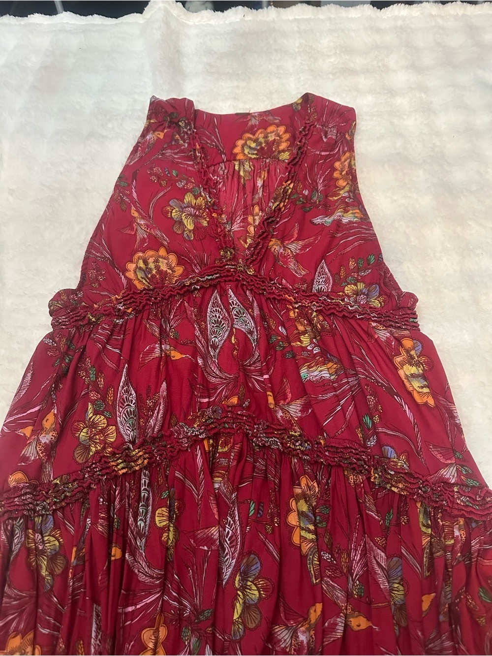 Free People Red Floral Hummingbird Tiered Boho Tunic Top 39269 - Picture 3 of 7